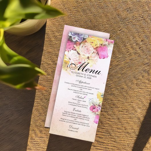 Elegant Colorful Waterverf Flowers Wedding Menu