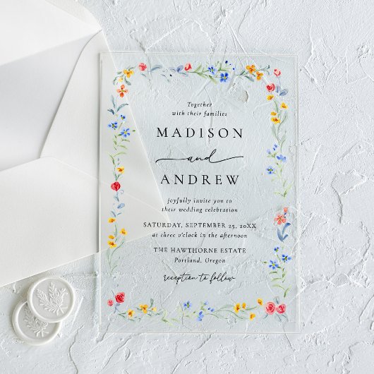 Elegant Colorful Wildflower Meadow Wedding Acryl Uitnodigingen