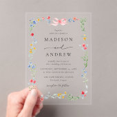 Elegant Colorful Wildflower Pink Bow Wedding Acryl Uitnodigingen (Insitu (Draagbaar))