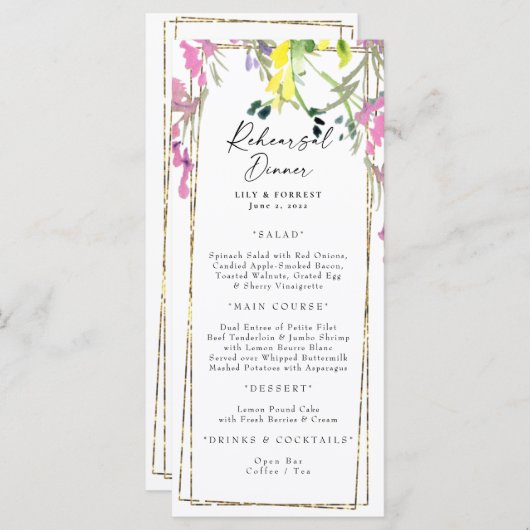 Elegant Colorful Wildflower Rehearsal Dinner Menu (Voorkant / Achterkant)