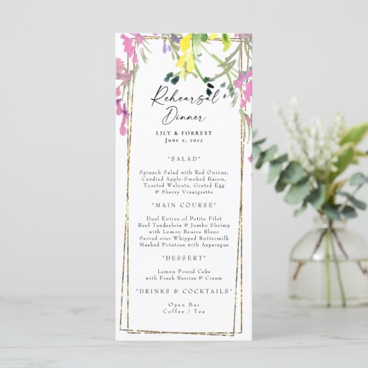 Elegant Colorful Wildflower Rehearsal Dinner Menu (Staand voorkant)