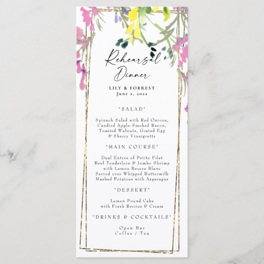 Elegant Colorful Wildflower Rehearsal Dinner Menu (Voorkant)