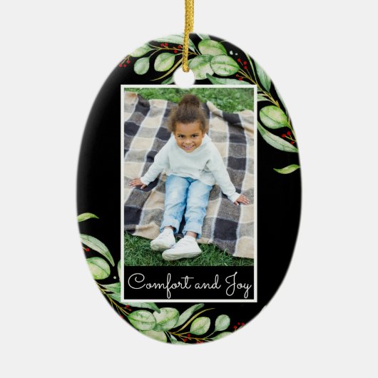 Elegant Comfort & Joy Greenery Fotokerstfeest Keramisch Ornament (Voorkant)