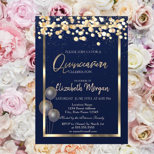 Elegant Confetti Balloons Navy Blue Quinceañera Kaart