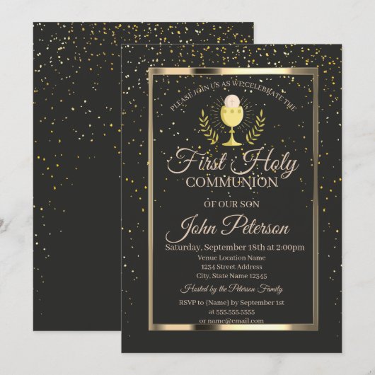 Elegant Confetti, eerste Heilige Communie Chalice Kaart (Voorkant / Achterkant)