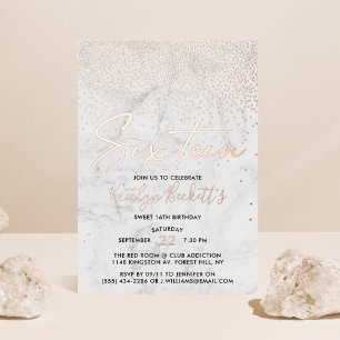 Elegant Confetti & Marble Sweet 16 Birthday Real Folie Uitnodiging