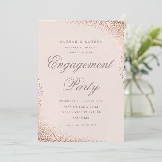 Elegant Confetti Roos Gold Engagement Party Kaart (Staand voorkant)