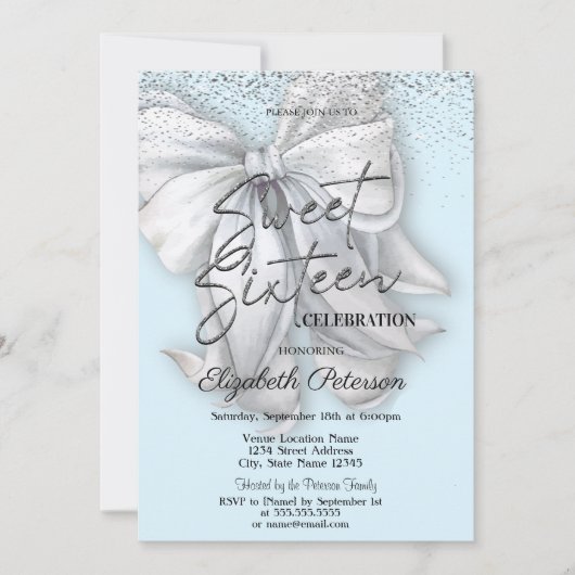 Elegant Confetti White Bow Light Blue Sweet 16 Kaart (Voorkant)