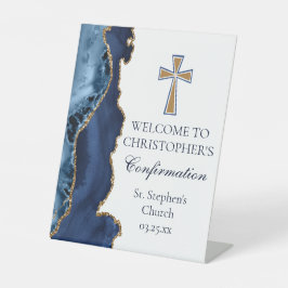 Elegant Confirmation Navy Blue Gold Welcome Reclamebord Met Voetstuk