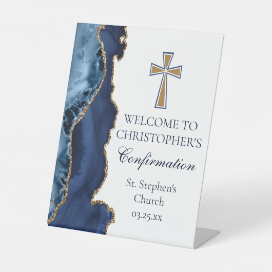 Elegant Confirmation Navy Blue Gold Welcome Reclamebord Met Voetstuk (Voorkant)