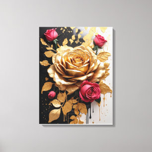 Elegant contrast: Gouden en Roze Rozen Canvas Afdruk