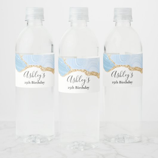 Elegant Cool Blue Agate and Gold Glitter Birthday Waterfles Etiket (Flessen)