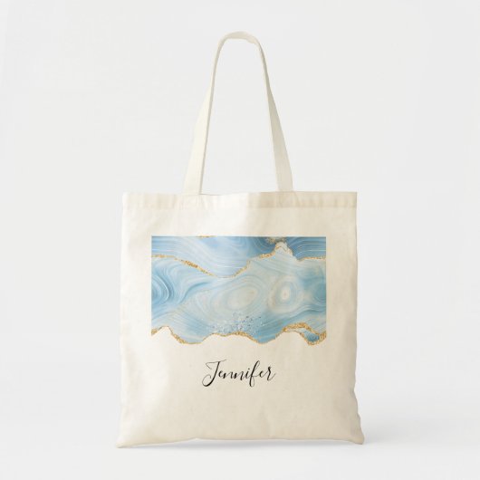 Elegant Cool Blue Agate and Gold Glitter Border Tote Bag (Voorkant)