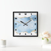 Elegant Cool Blue Agate and Gold Glitter Border Vierkante Klok (Huis)