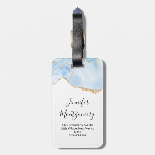 Elegant Cool Blue Agate en Gold Glitter Ribbon Bagagelabel (Achterkant verticaal)