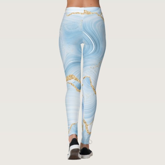 Elegant Cool Blue Agate en Gold Glitter Ribbon Leggings (Achterkant)