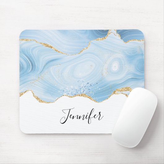 Elegant Cool Blue Agate en Gold Glitter Ribbon Muismat (Met muis)