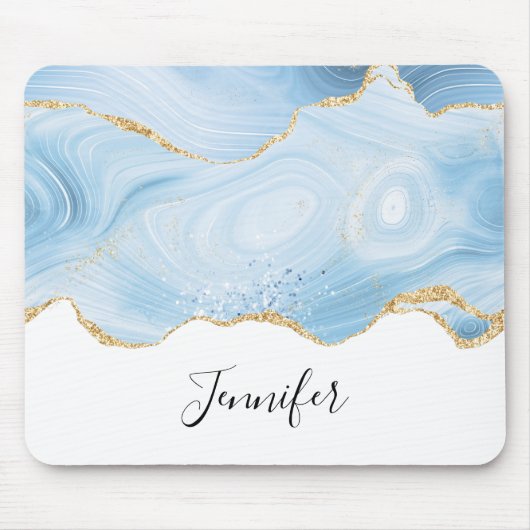 Elegant Cool Blue Agate en Gold Glitter Ribbon Muismat (Voorkant)