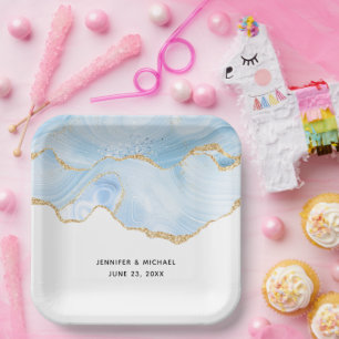 Elegant Cool Blue Agate en Gold Glitter Ribbon Papieren Bordje