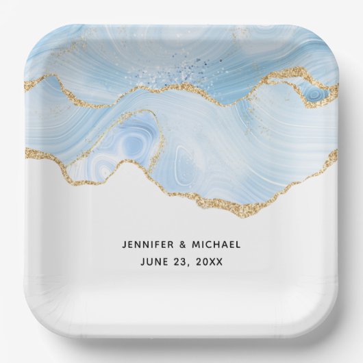Elegant Cool Blue Agate en Gold Glitter Ribbon Papieren Bordje (Voorkant)