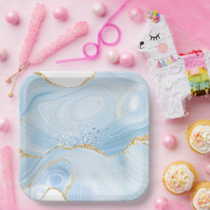 Elegant Cool Blue Agate en Gold Glitter Ribbon Papieren Bordje