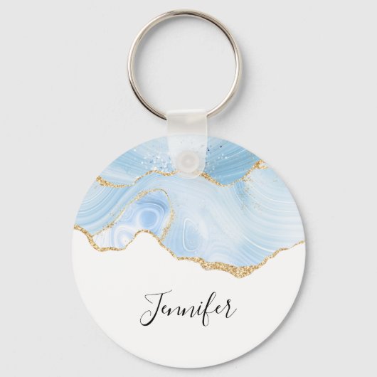 Elegant Cool Blue Agate en Gold Glitter Ribbon Sleutelhanger (Voorkant)