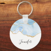 Elegant Cool Blue Agate en Gold Glitter Ribbon Sleutelhanger (Voorkant)