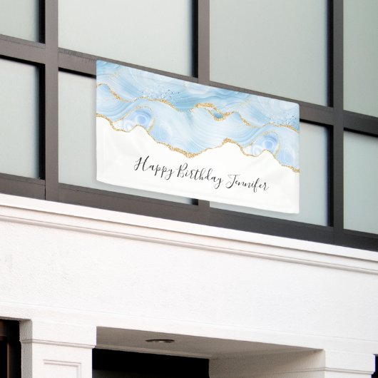 Elegant Cool Blue Agate en Gold Glitter Ribbon Spandoek (Buitenkant Gebouw)