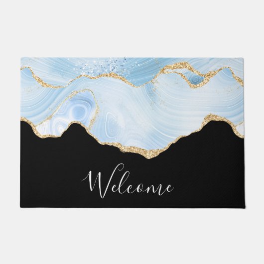 Elegant Cool Blue Agate met Gold Glitter Ribbon Deurmat (Voorkant)