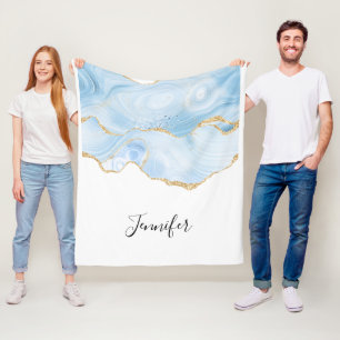 Elegant Cool Blue Agate met Gold Glitter Ribbon Fleece Deken