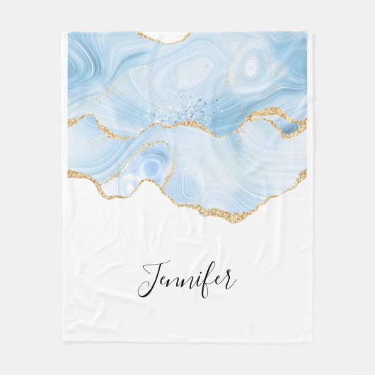 Elegant Cool Blue Agate met Gold Glitter Ribbon Fleece Deken (Voorkant)