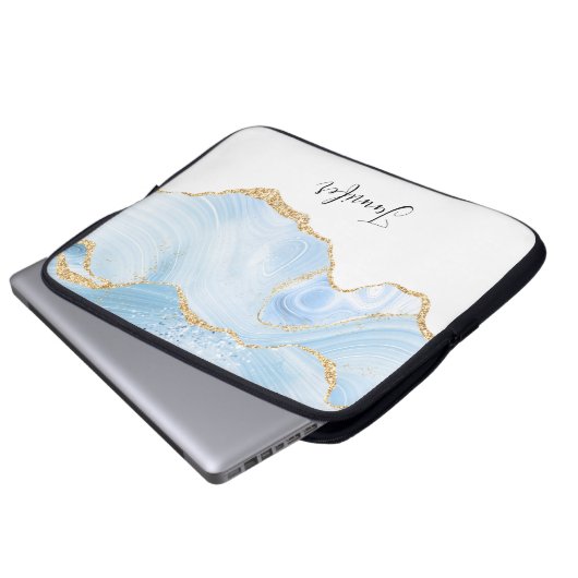 Elegant Cool Blue Agate met Gold Glitter Ribbon Laptop Sleeve (Voorkant onderkant)