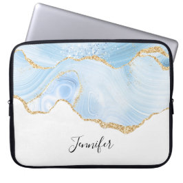 Elegant Cool Blue Agate met Gold Glitter Ribbon Laptop Sleeve