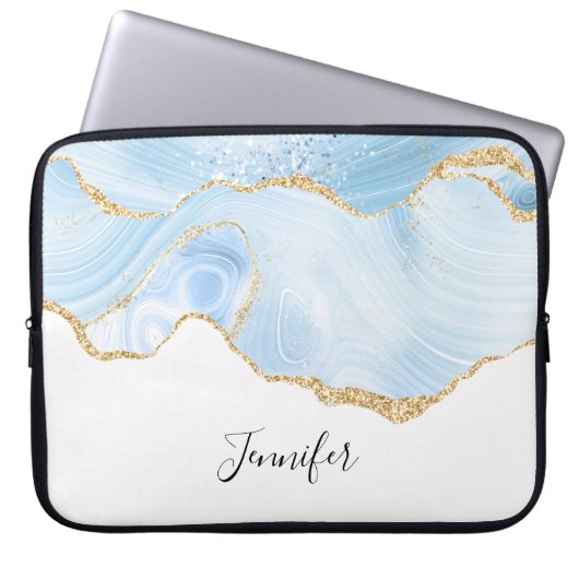 Elegant Cool Blue Agate met Gold Glitter Ribbon Laptop Sleeve (Voorkant)