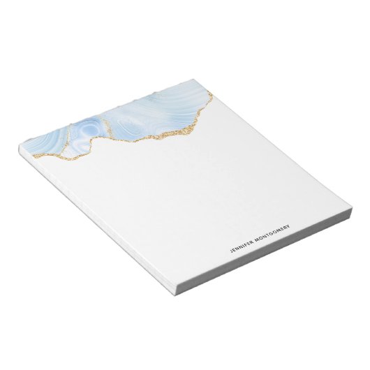 Elegant Cool Blue Agate met Gold Glitter Ribbon Notitieblok (Schuin)