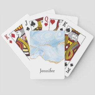 Elegant Cool Blue Agate met Gold Glitter Ribbon Pokerkaarten