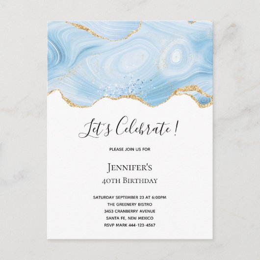 Elegant Cool Blue Agate met Gold Glitter Ribbon Uitnodiging Briefkaart (Voorkant)