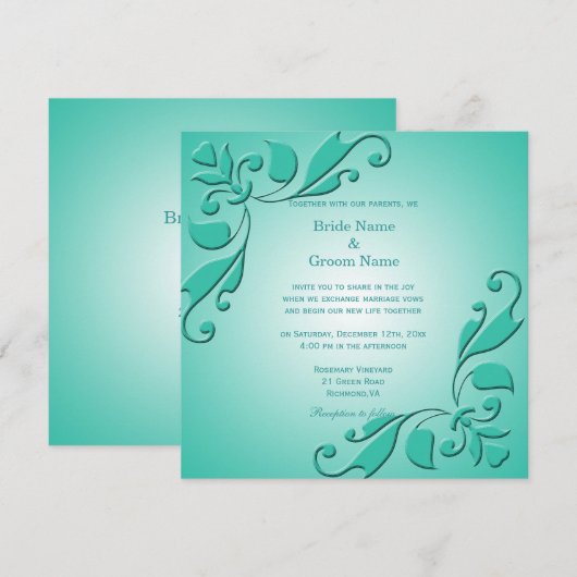 Elegant, coole blauwgroen decoratieve bruiloft kaart (Voorkant / Achterkant)