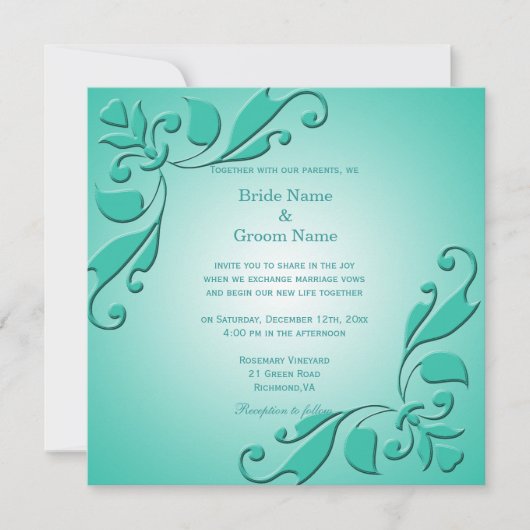 Elegant, coole blauwgroen decoratieve bruiloft kaart (Voorkant)