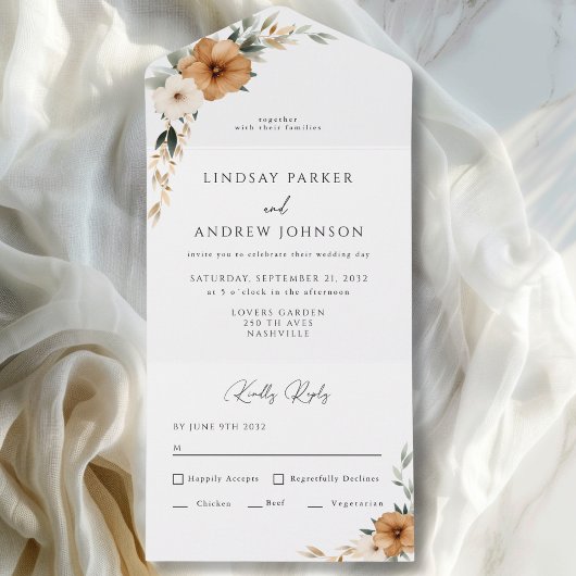 Elegant Copper & Earthy Botanical Wedding   All In One Uitnodiging