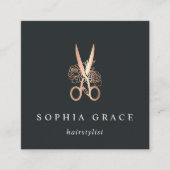 Elegant Copper Floral Scissors Logo Haarstylist Vierkante Visitekaartje (Voorkant)