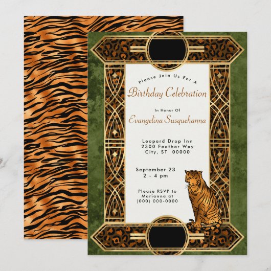 Elegant Copper Green Tiger Art Deco Birthday Kaart (Voorkant / Achterkant)