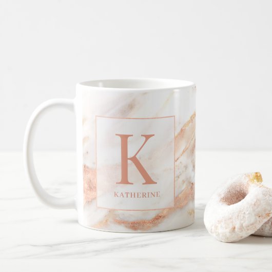 Elegant Copper Roos Gold Foil marble Monogram Koffiemok (Met donut)