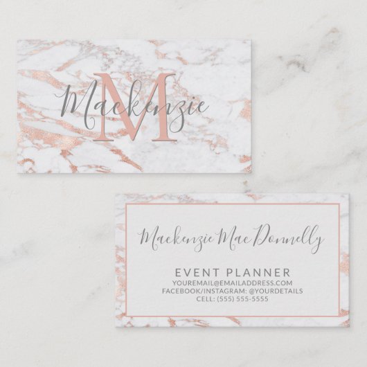 Elegant Copper Roos Gold Foil marble Monogram Visitekaartje (Voorkant / Achterkant)
