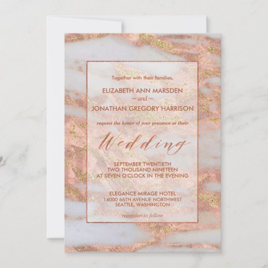 Elegant Copper Roos Gold Marble Glitter Wedding Kaart (Voorkant)