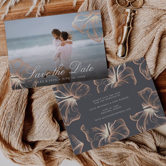 Elegant Copper Tropical Hibiscus Floral Photo Save The Date