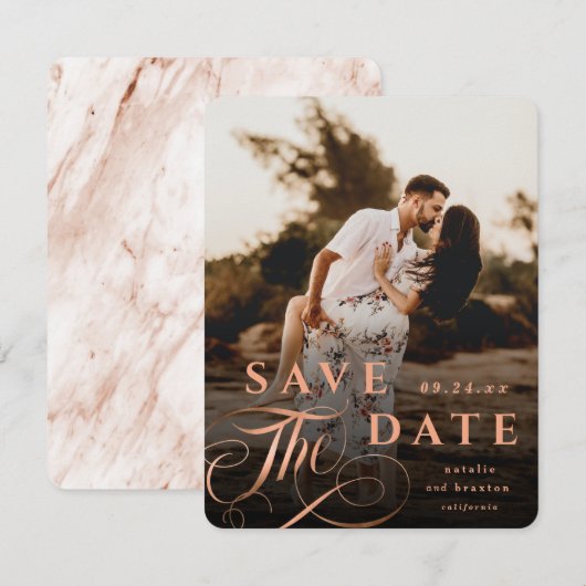 Elegant Copper Typografie met Marble Back Photo Save The Date (Voorkant / Achterkant)