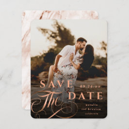 Elegant Copper Typografie met Marble Back Photo Save The Date