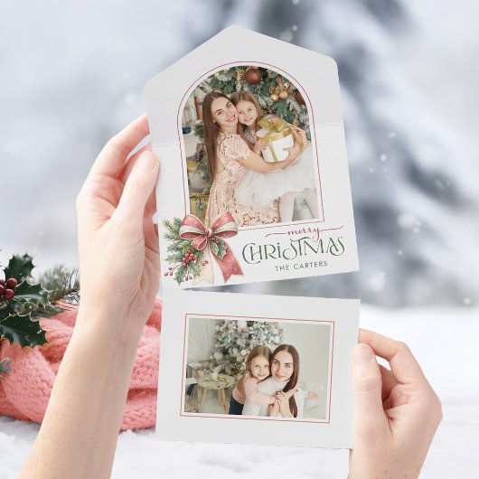 Elegant Coquette Bow Merry Christmas Arch Photo All In One Uitnodiging