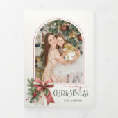 Elegant Coquette Bow Merry Christmas Arch Photo Drieluik Kaart (Cover)